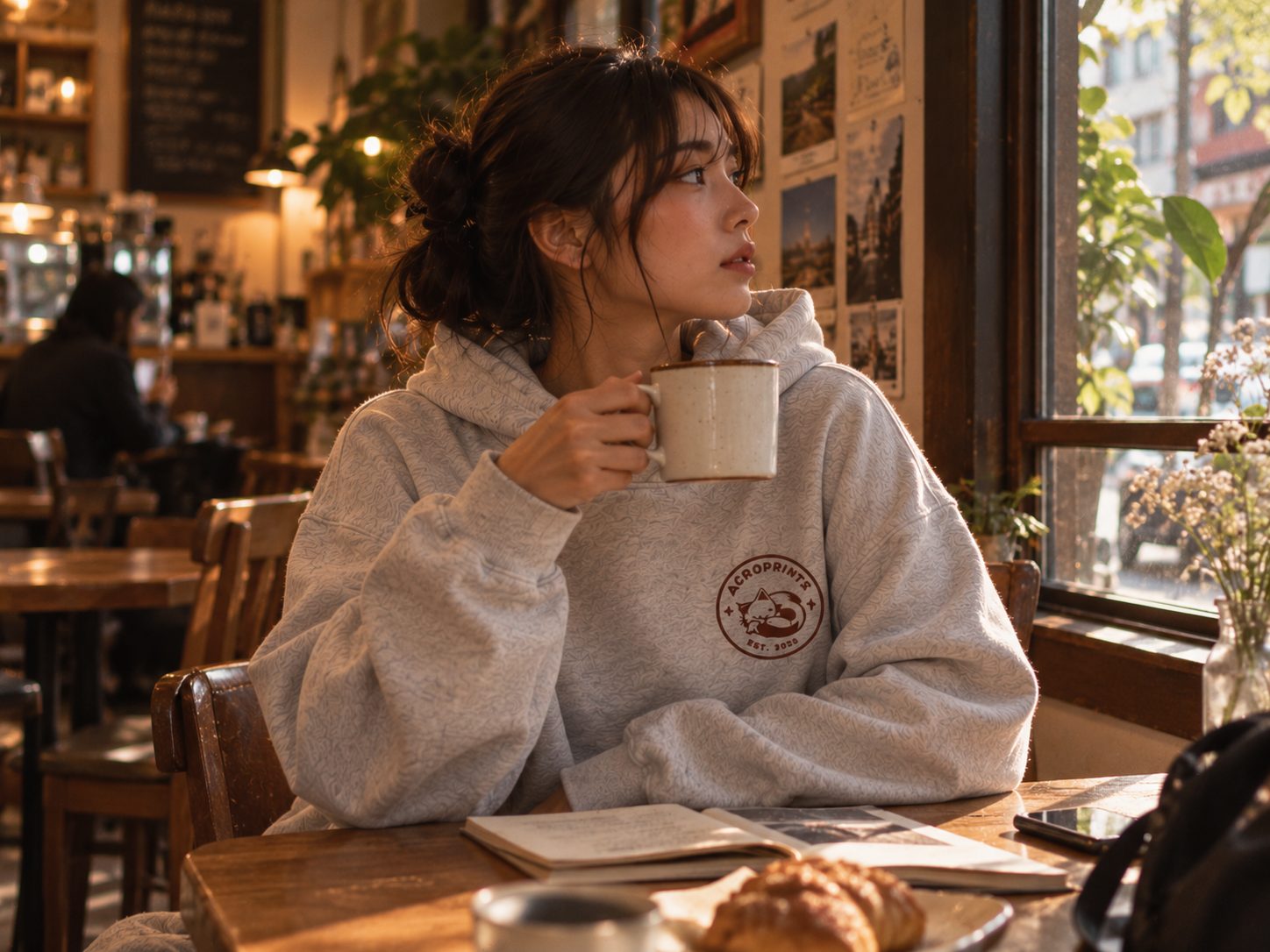 A notebook open beside coffee